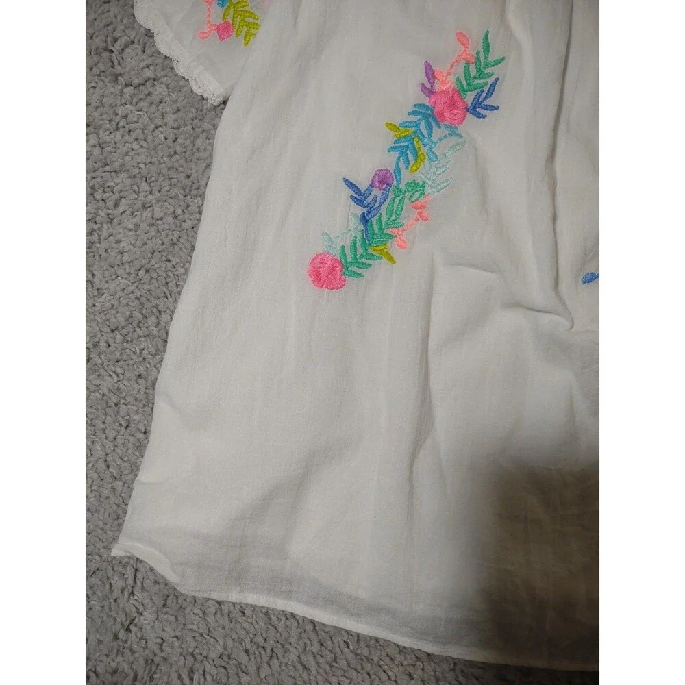 Lilly Pulitzer White Cotton Embroidered Peasant Top - Neon Floral Accents